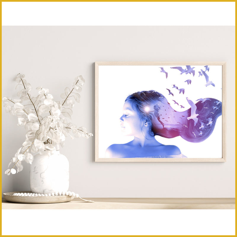 Freedom art print framed against a cream wall, next to a white floral arrangement