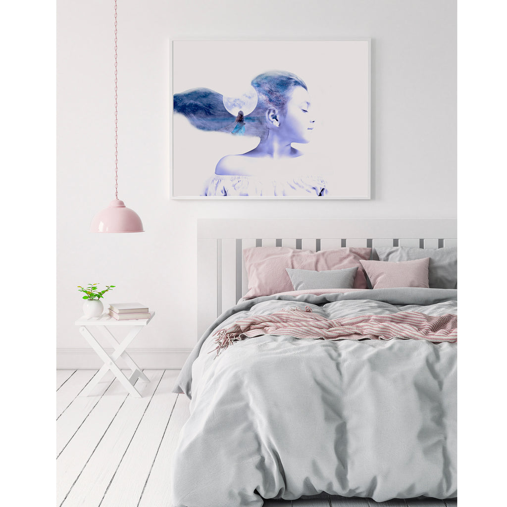 Moonlight art print framed above a light pink and grey styled bedroom wall