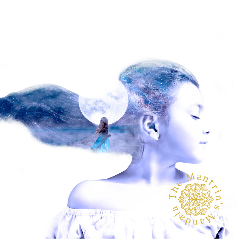 Moonlight art print framed above a light pink and grey styled bedroom wall